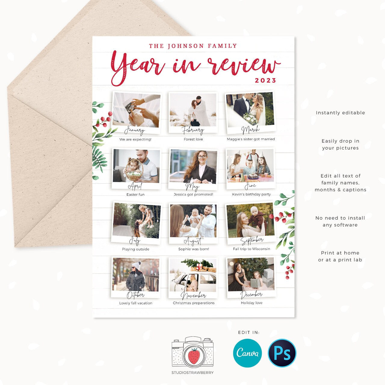 Year in review Christmas card template, 2023 monthly overview, Canva Year in review template monthly, Year in review holiday card, Pictures