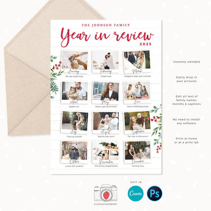 Year in review Christmas card template, 2023 monthly overview, Canva Year in review template monthly, Year in review holiday card, Pictures