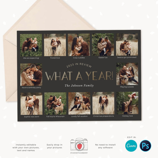 Year in review card template, Canva, 2023 collage, Year in review Christmas card template collage, Year in review holiday card 2023 Gold