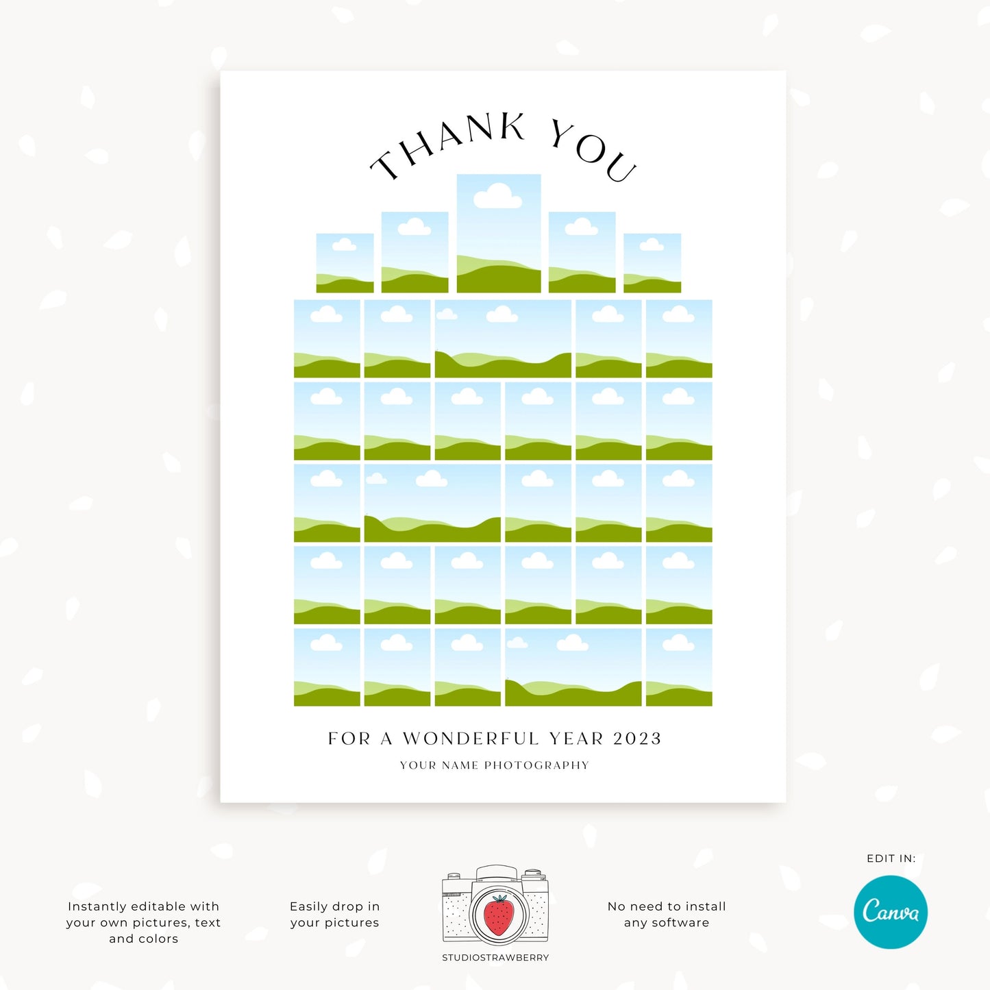 Customizable Arc-Shaped Thank You Photo Collage Template, Elegant End-of-Year Storyboard for Photographers, New Year Blog Board Canva Design