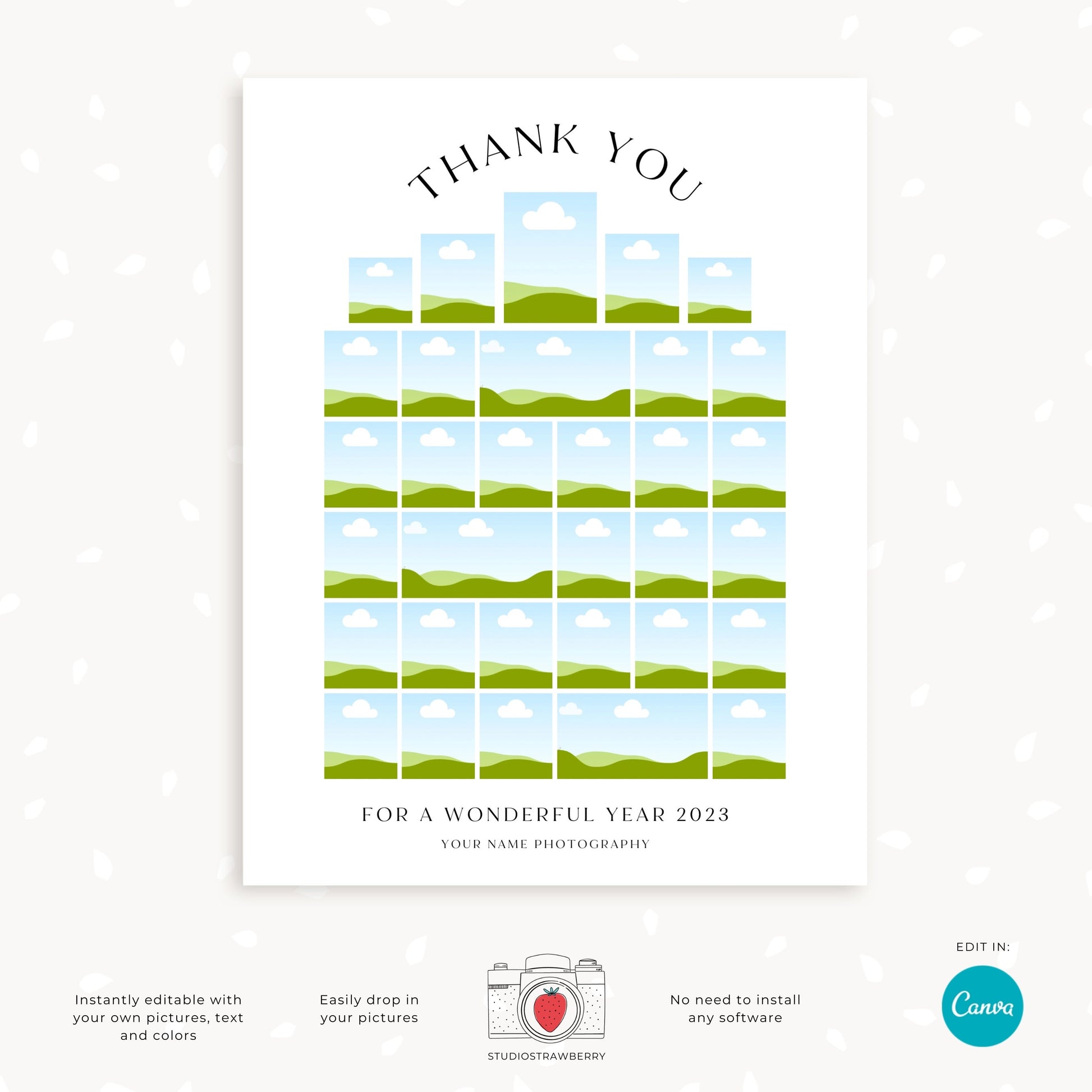 Customizable Arc-Shaped Thank You Photo Collage Template, Elegant End-of-Year Storyboard for Photographers, New Year Blog Board Canva Design
