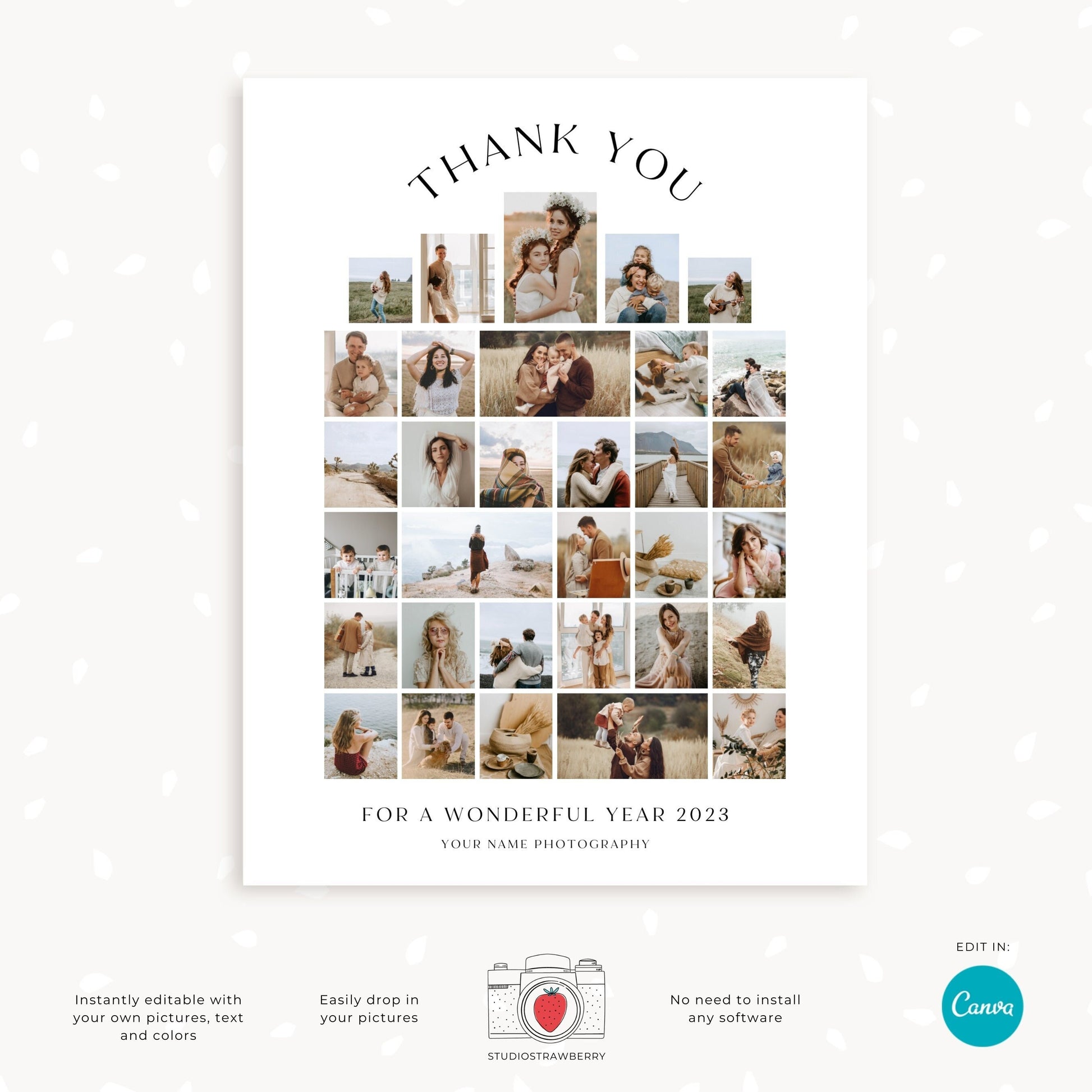 Customizable Arc-Shaped Thank You Photo Collage Template, Elegant End-of-Year Storyboard for Photographers, New Year Blog Board Canva Design