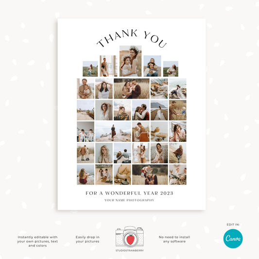 Customizable Arc-Shaped Thank You Photo Collage Template, Elegant End-of-Year Storyboard for Photographers, New Year Blog Board Canva Design