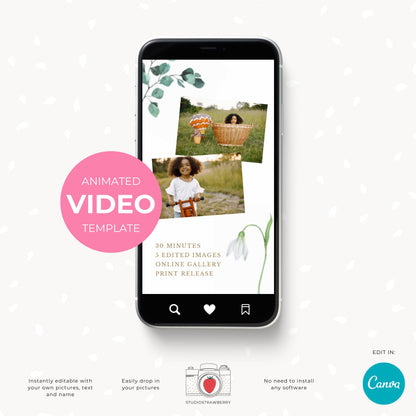 Animated Spring mini sessions video template for photographers, with sound, editable Canva video template, Instagram reels, story, TikTok