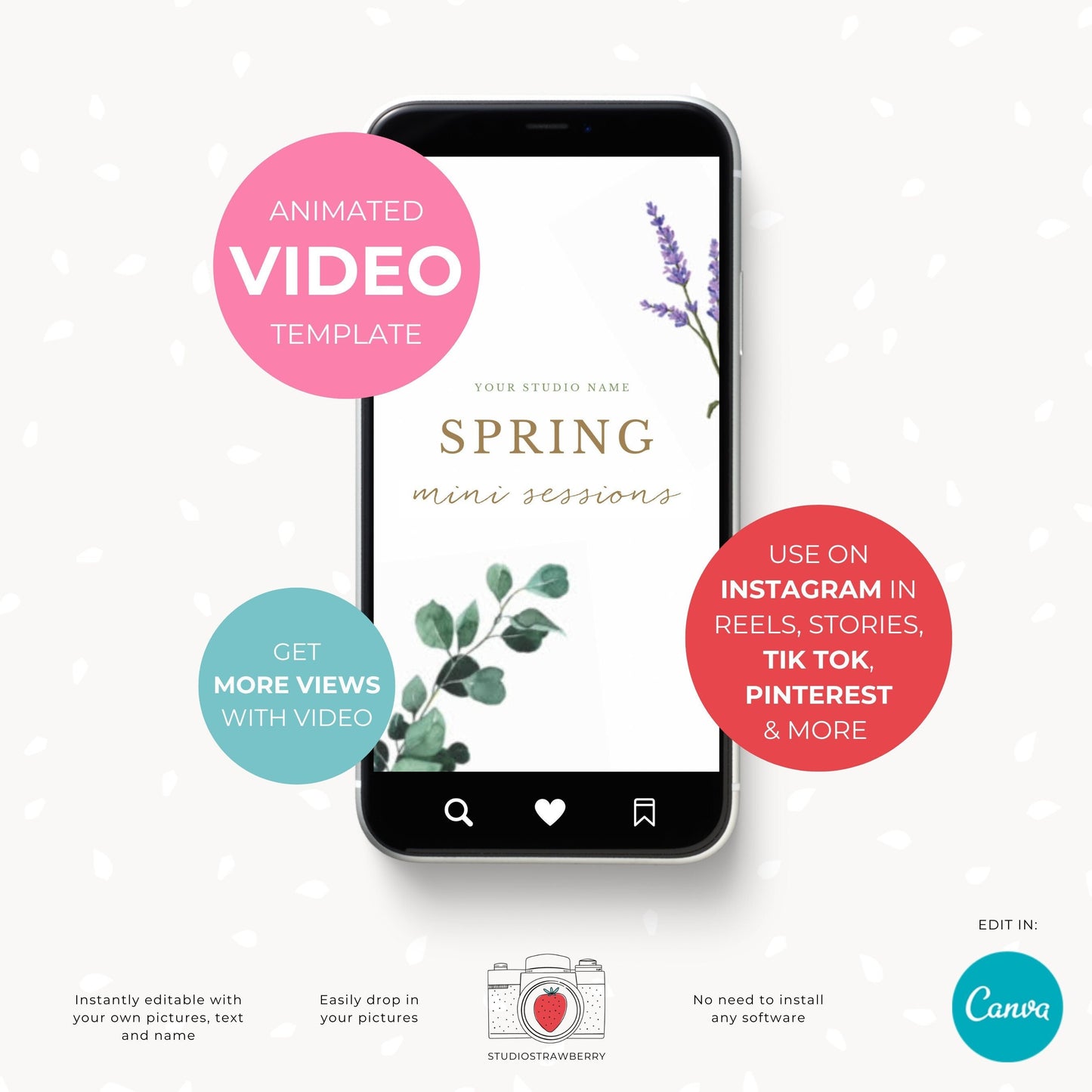 Animated Spring mini sessions video template for photographers, with sound, editable Canva video template, Instagram reels, story, TikTok