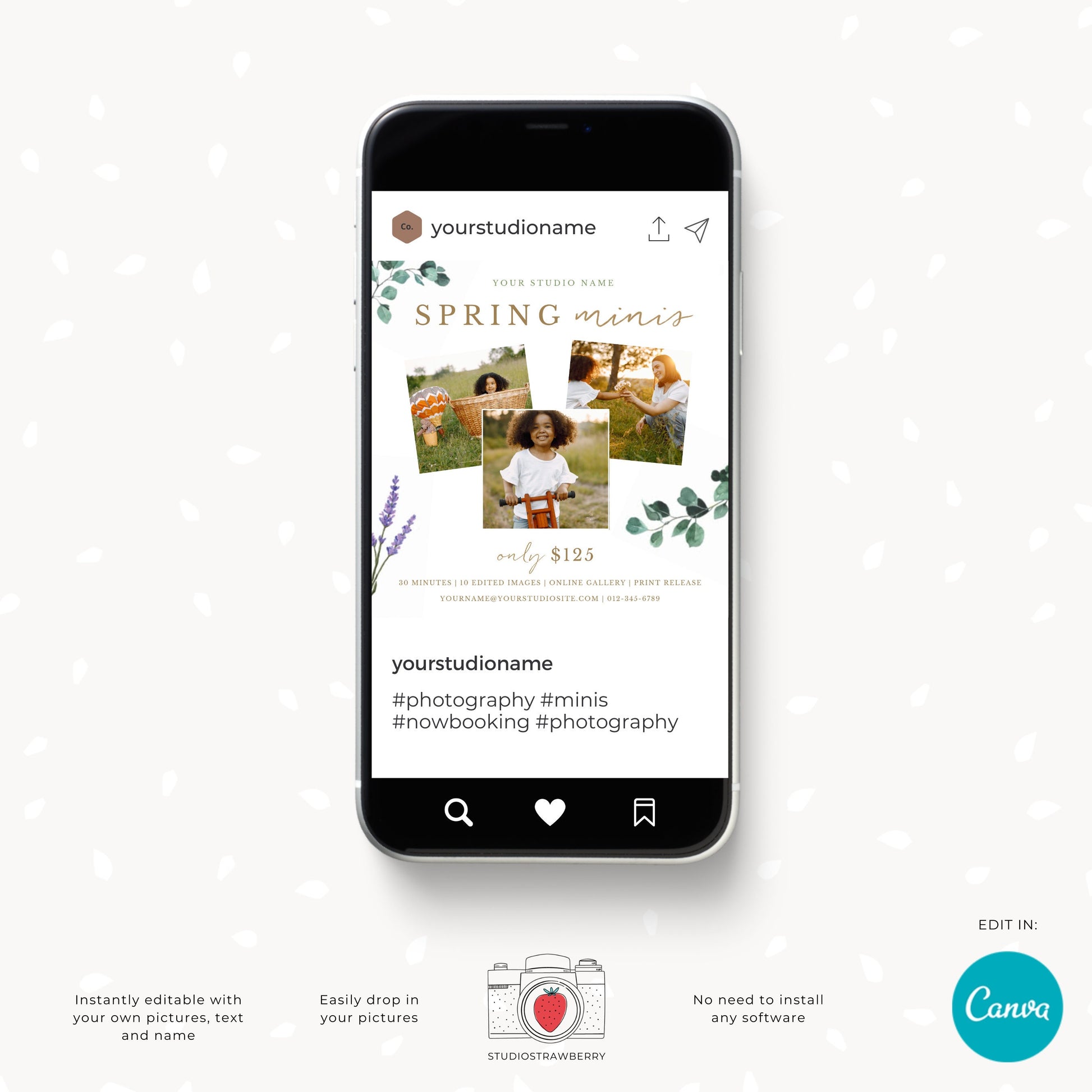 Animated Spring mini sessions template, fully editable in Canva, Spring minis video template, Instagram video post for photographers