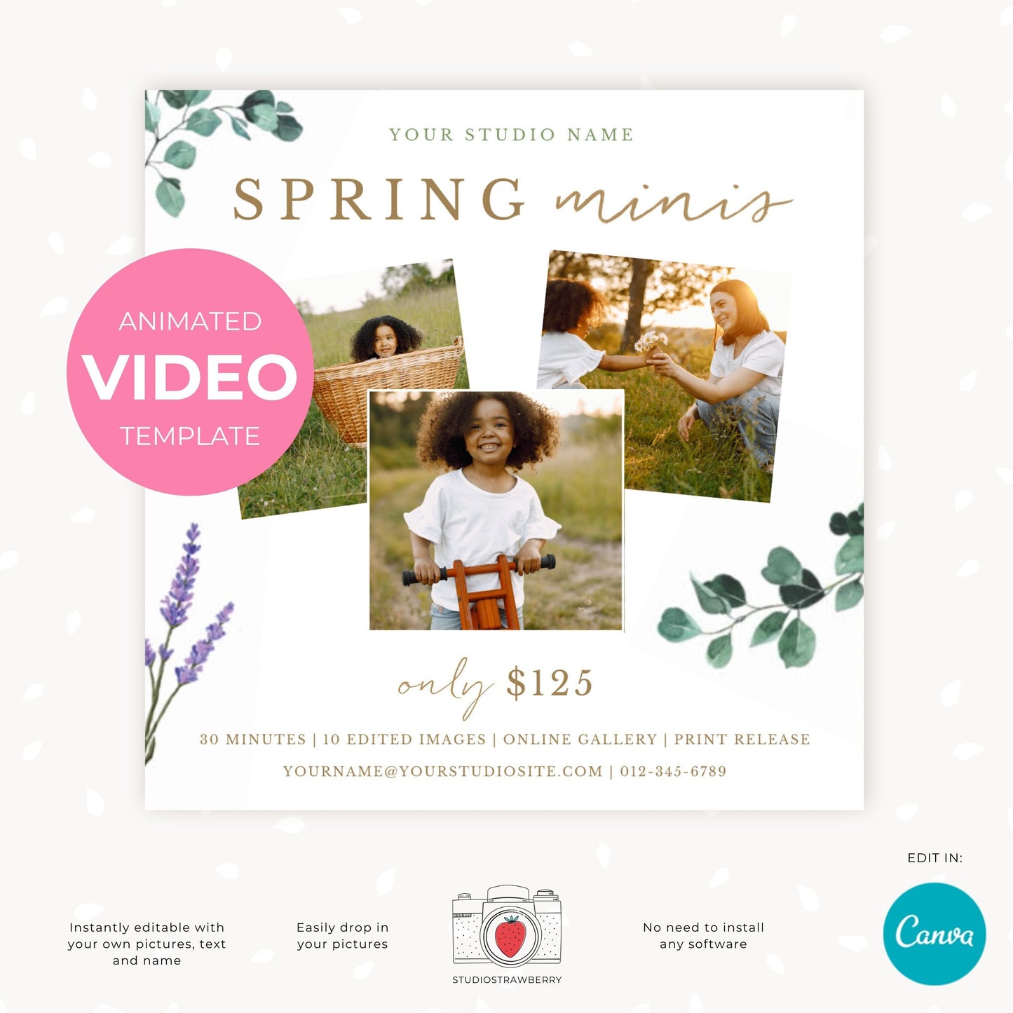 Animated Spring mini sessions template, fully editable in Canva, Spring minis video template, Instagram video post for photographers