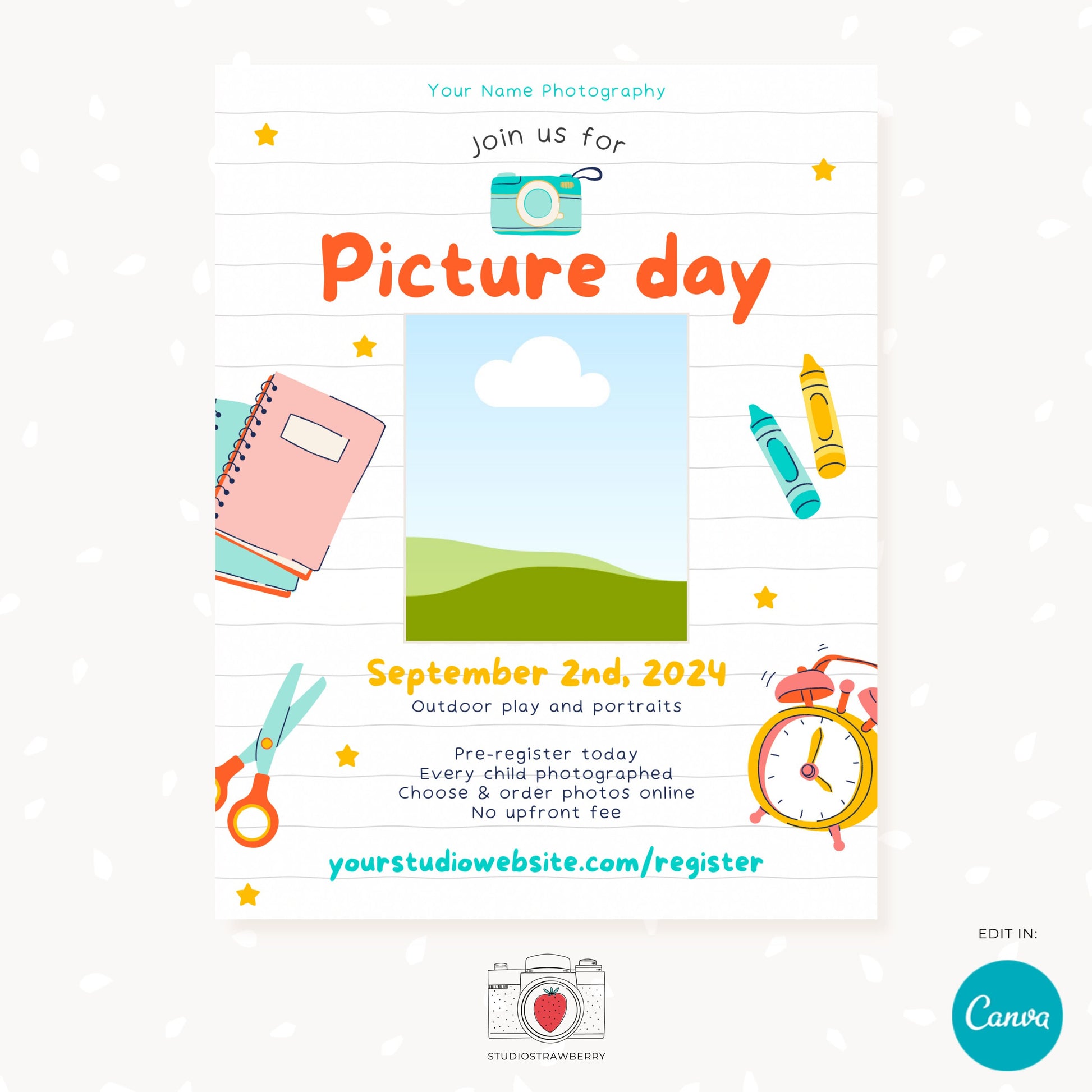 School picture day template, School photo day, School picture flyer, School picture day flyer, School picture day display board, Canva, PS