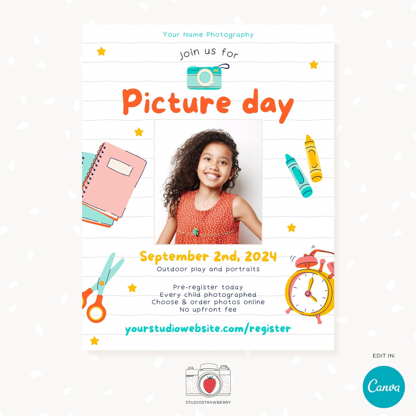 School picture day template, School photo day, School picture flyer, School picture day flyer, School picture day display board, Canva, PS