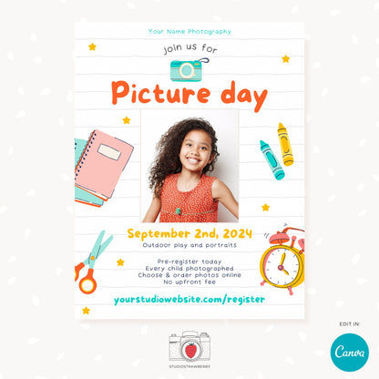 School picture day template, School photo day, School picture flyer, School picture day flyer, School picture day display board, Canva, PS