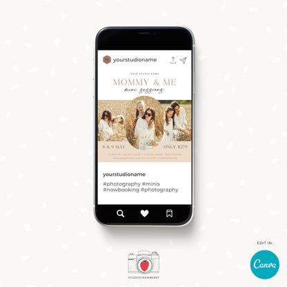 Canva Mommy and Me Mini Session Template, editable Mothers Day Mini Sessions marketing for photographers, great as Instagram post or card