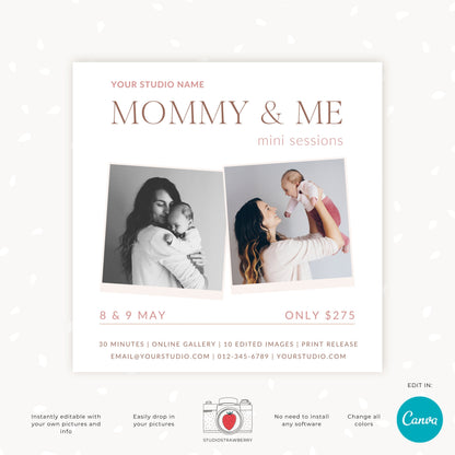 Canva Minimalist Mothers Day Mini Session Template, editable Mommy and Me Mini Sessions marketing for photographers, great as Instagram post