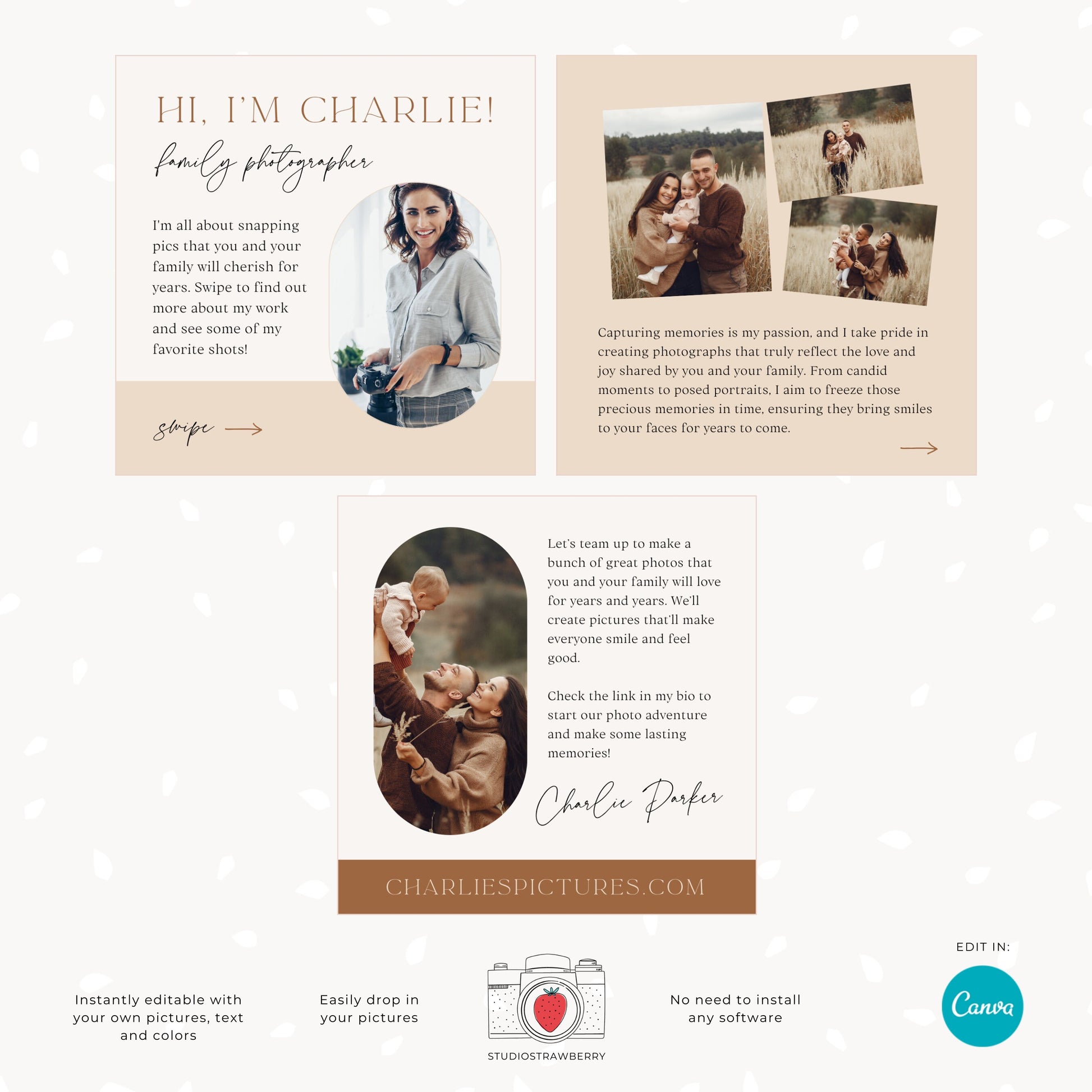 Instagram carousel template, photographer introduction post, editable Canva template for photographers, elegant neutral tones, C10