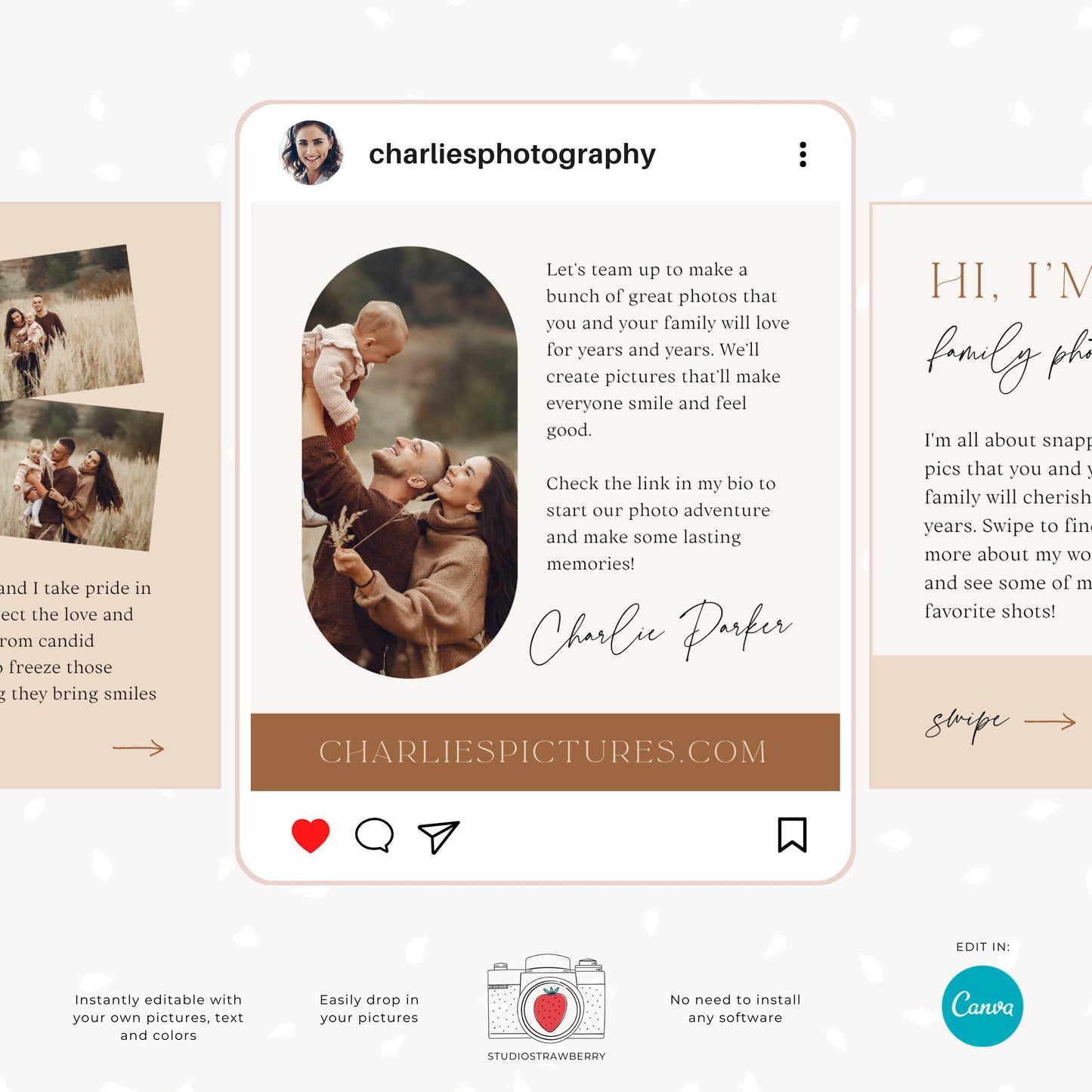 Instagram carousel template, photographer introduction post, editable Canva template for photographers, elegant neutral tones, C10