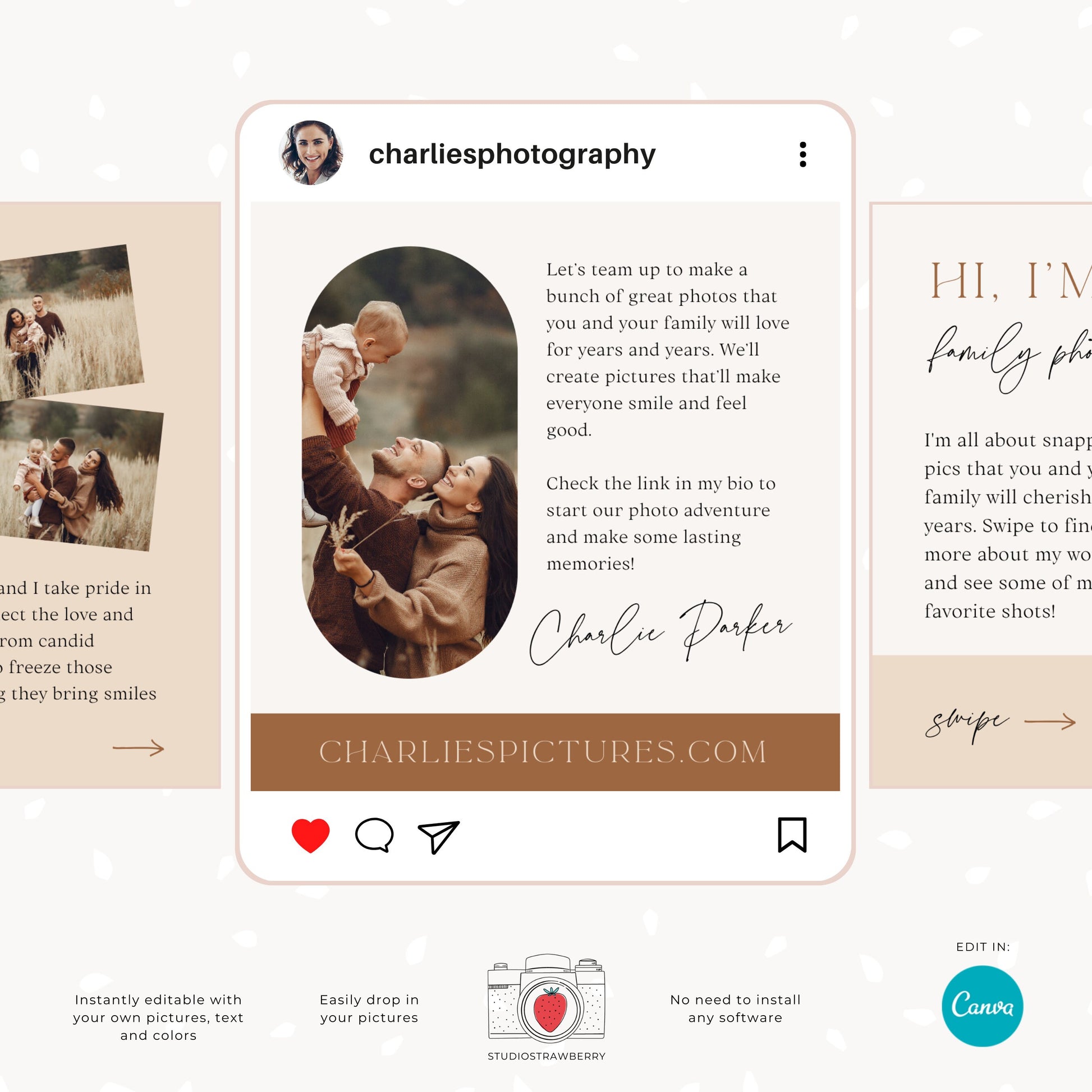 Instagram carousel template, photographer introduction post, editable Canva template for photographers, elegant neutral tones, C10