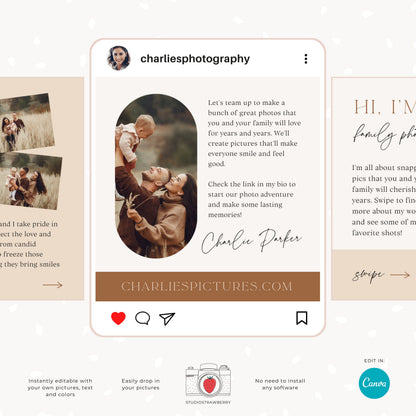 Instagram carousel template, photographer introduction post, editable Canva template for photographers, elegant neutral tones, C10
