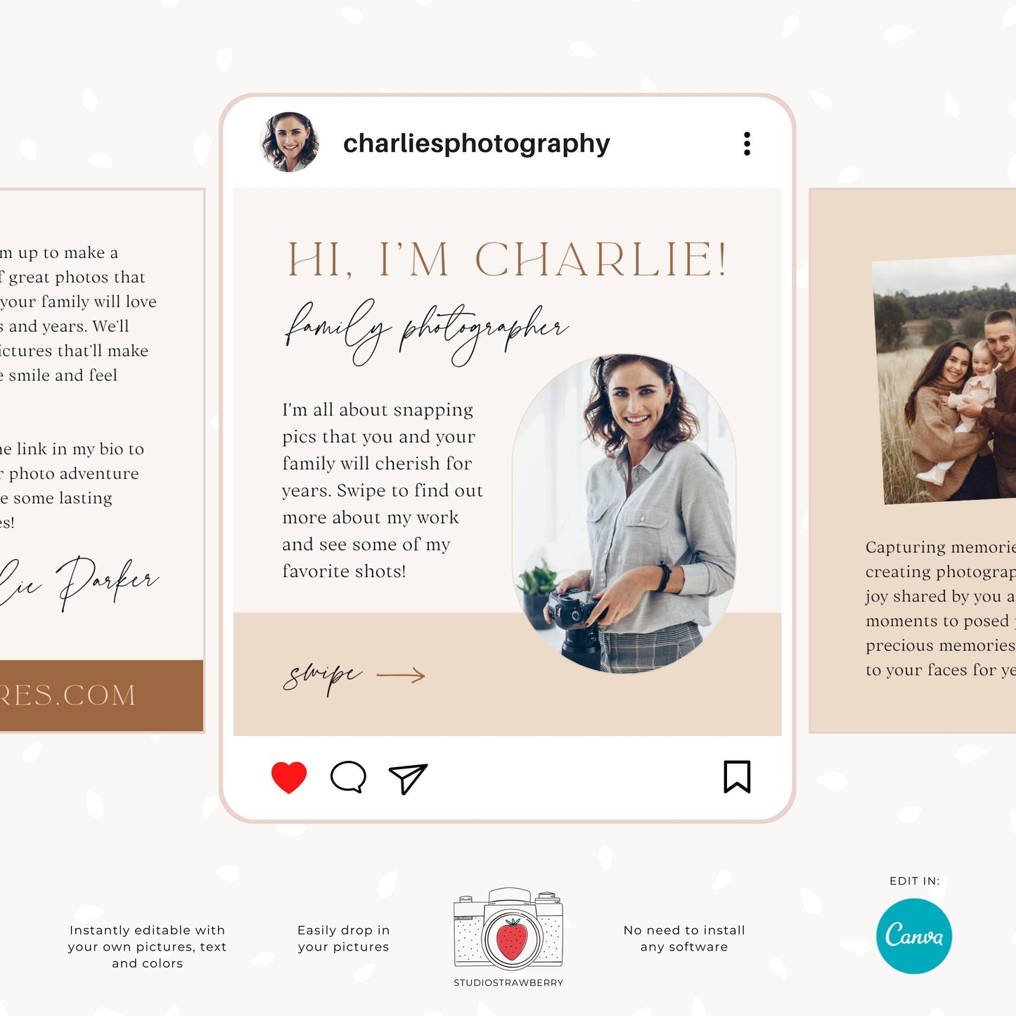 Instagram carousel template, photographer introduction post, editable Canva template for photographers, elegant neutral tones, C10