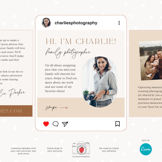 Instagram carousel template, photographer introduction post, editable Canva template for photographers, elegant neutral tones, C10