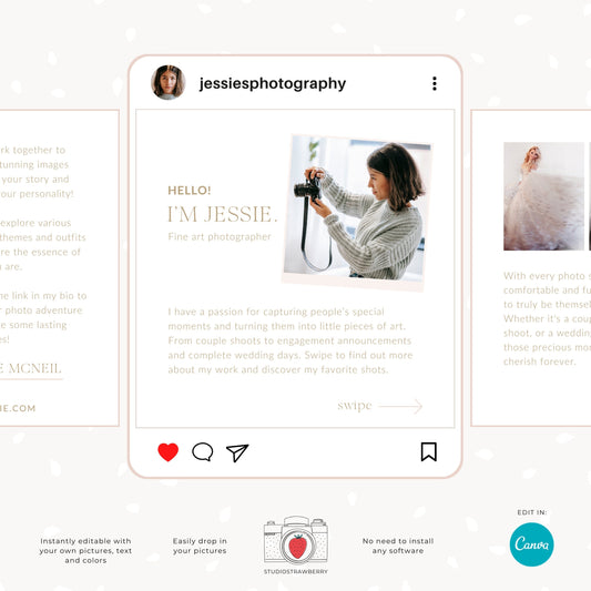 Photographer instagram carousel template, introduction post, editable Canva template for photographers, minimalist style, wedding C11