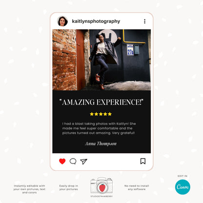 Photographer Review Template for Instagram - Canva Editable Photography Client Testimonial, Bold Black & White Customer Feedback Design C12