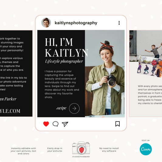 Photography instagram carousel template, introduction post, editable Canva template for photographers, Bold style, black and white C12