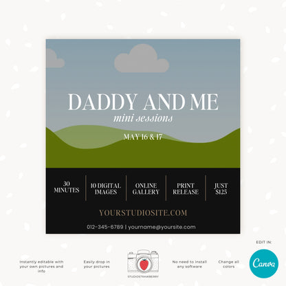 Father's Day Mini Session Template - Canva Editable Flyer - Daddy and Me Photoshoot - Photographer Marketing - Digital Photo Session Ad C12