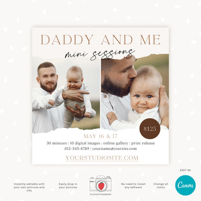 Father's Day Mini Session Template for Photographers, Editable Canva Daddy and Me Photoshoot Flyer, Modern Family Photography Ad, C10