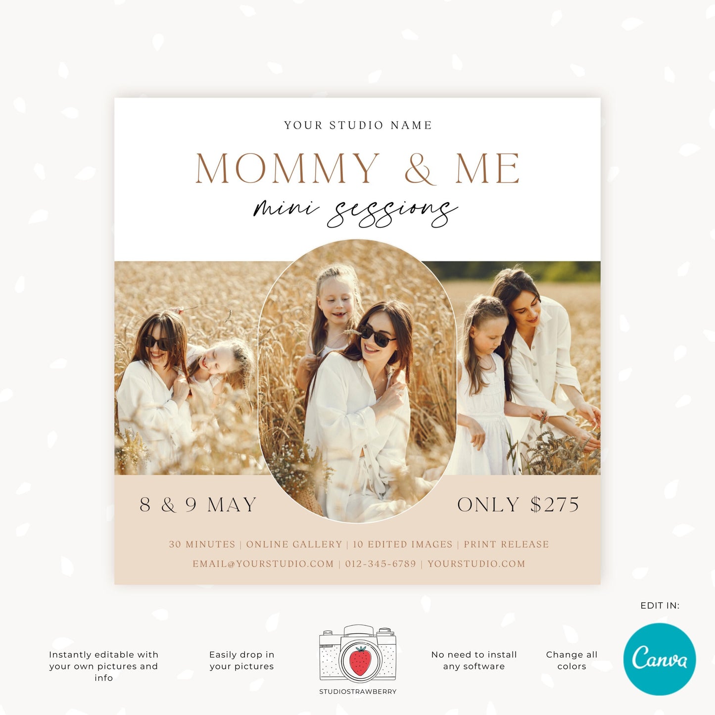 Canva Mommy and Me Mini Session Template, editable Mothers Day Mini Sessions marketing for photographers, great as Instagram post or card