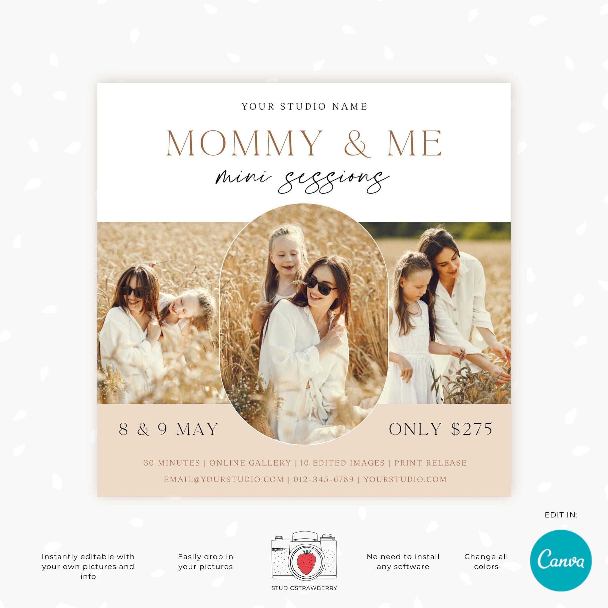 Canva Mommy and Me Mini Session Template, editable Mothers Day Mini Sessions marketing for photographers, great as Instagram post or card