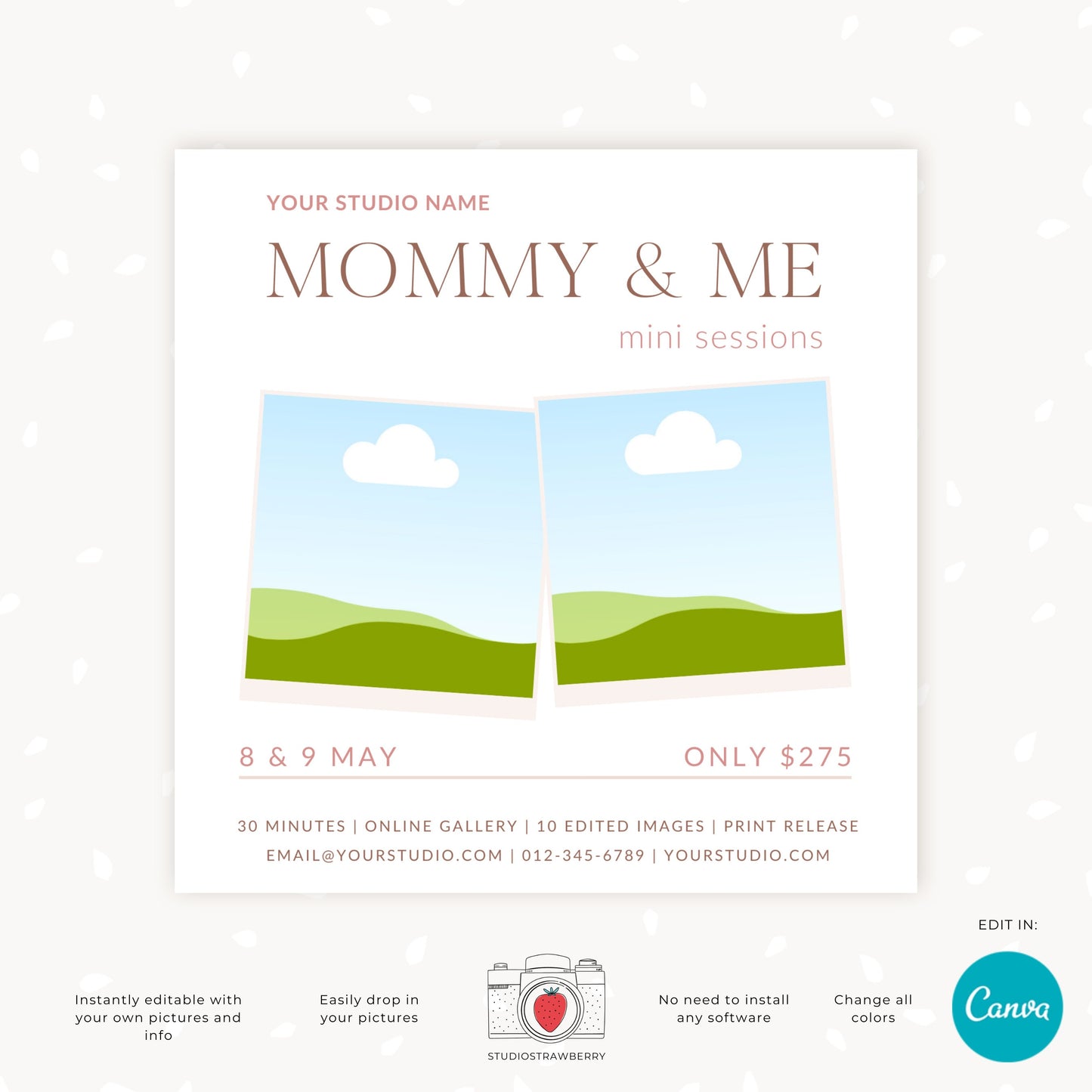 Canva Minimalist Mothers Day Mini Session Template, editable Mommy and Me Mini Sessions marketing for photographers, great as Instagram post