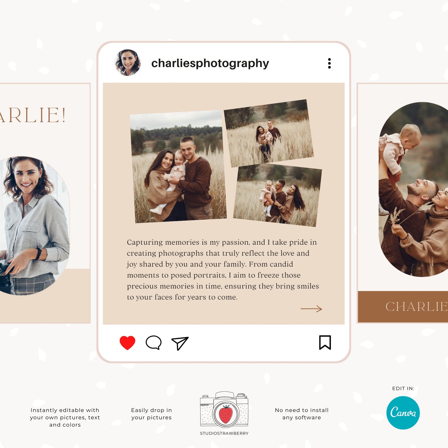 Instagram carousel template, photographer introduction post, editable Canva template for photographers, elegant neutral tones, C10