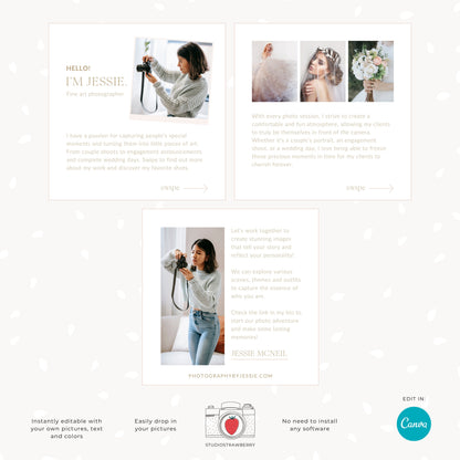 Photographer instagram carousel template, introduction post, editable Canva template for photographers, minimalist style, wedding C11