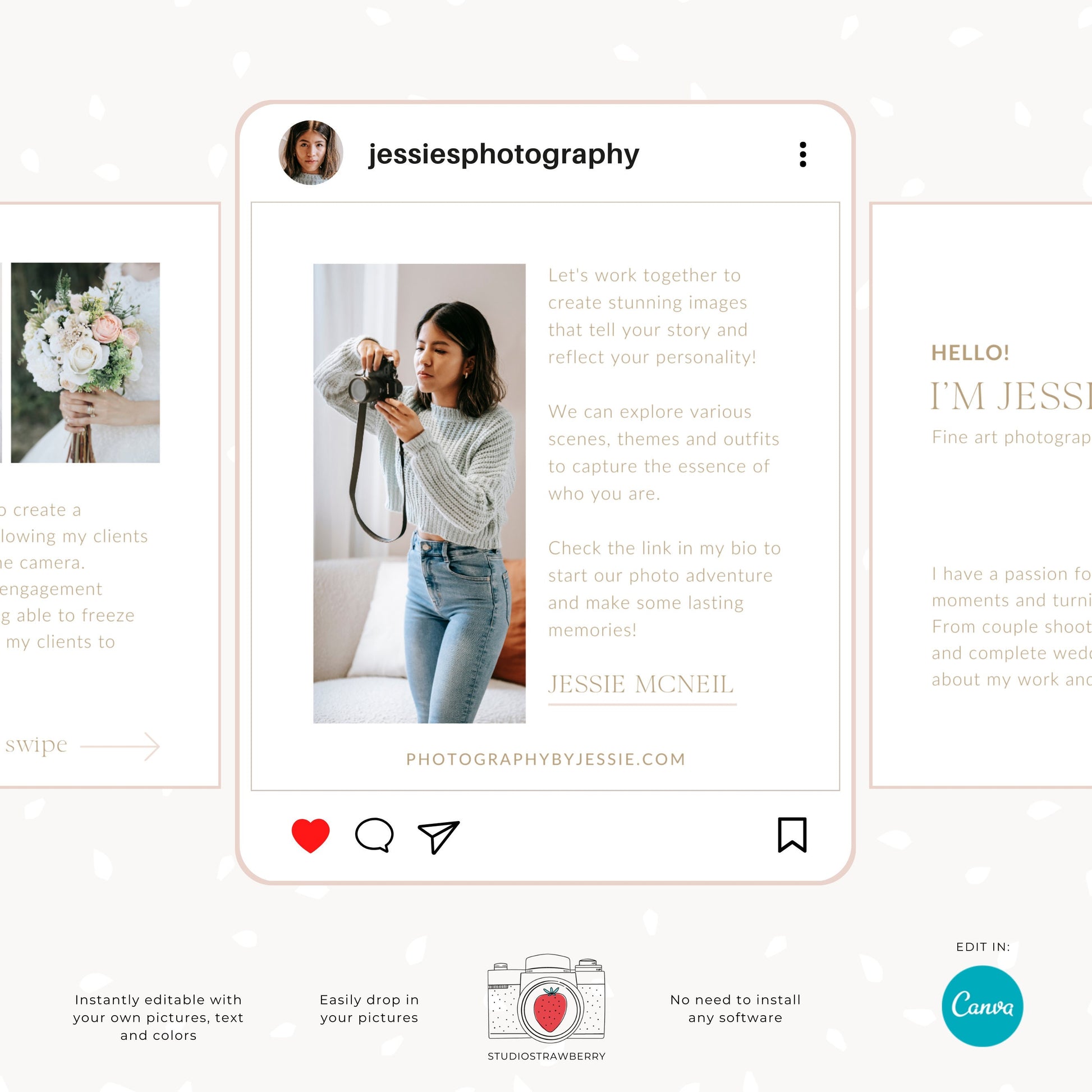 Photographer instagram carousel template, introduction post, editable Canva template for photographers, minimalist style, wedding C11