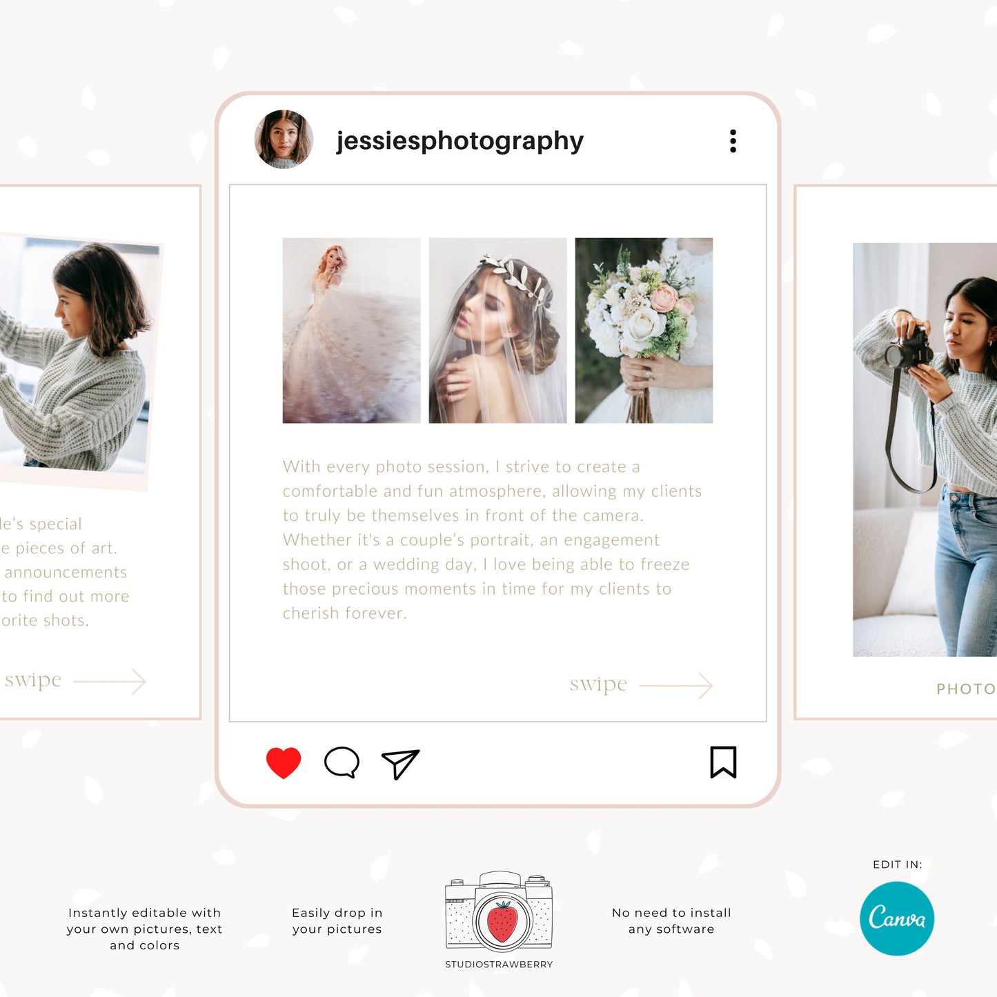 Photographer instagram carousel template, introduction post, editable Canva template for photographers, minimalist style, wedding C11