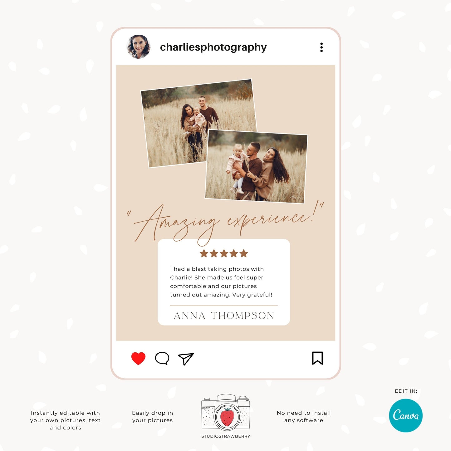 Photographer Review Template for Instagram - Canva Editable Photography Client Testimonial, Elegant Customer Feedback Design C10