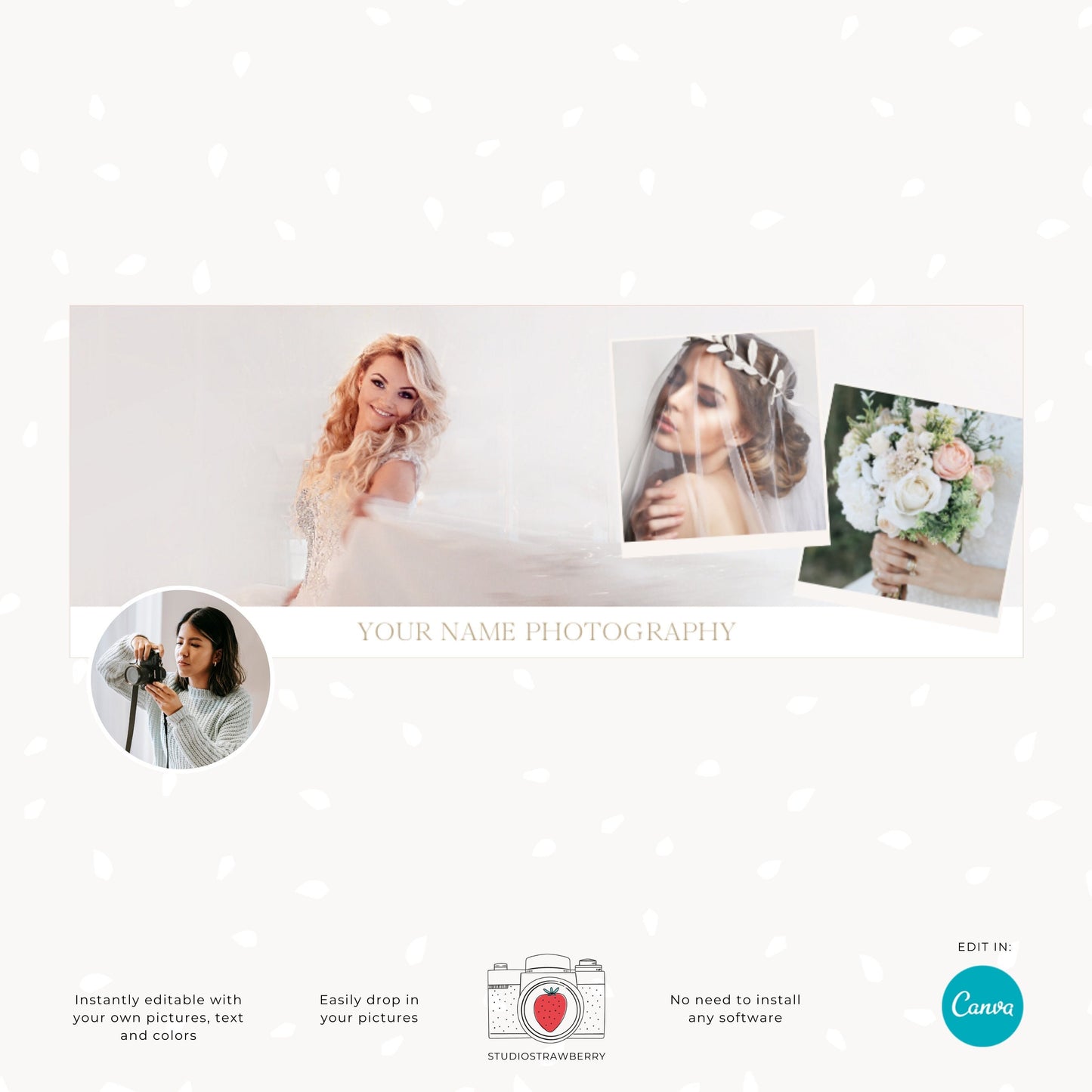 Elegant Minimalist Facebook Cover Template for Photographers - Clean Design, Customizable Canva Wedding Photographer Page Banner, C11