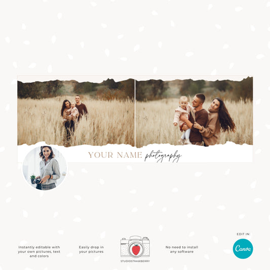 Trendy Facebook Cover Template for Photographers - Editable Canva Design, Stylish Ripped Edge Page Banner, Modern Social Media Header, C10