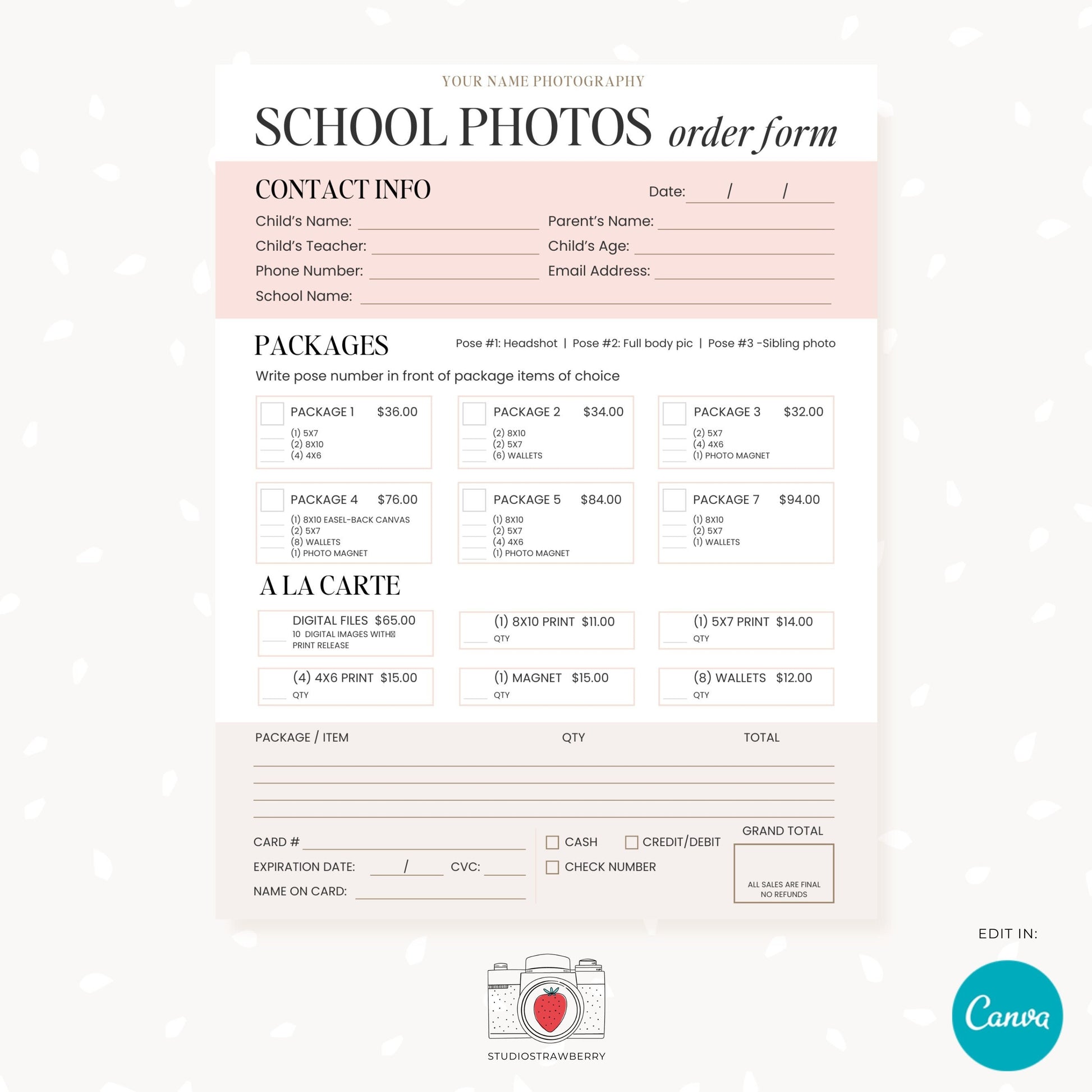 Editable School Photography Order Form Template - Customizable Canva Template for Picture Day, Professional Photo Order Form Design, C12