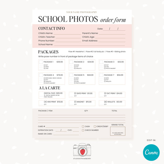 Editable School Photography Order Form Template - Customizable Canva Template for Picture Day, Professional Photo Order Form Design, C12