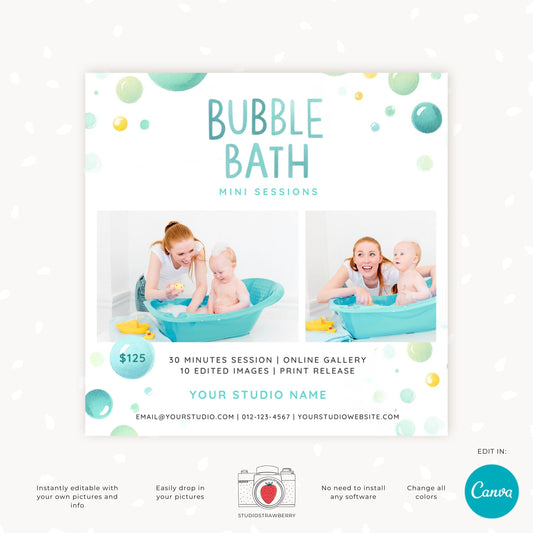 Bubble Bath Mini Sessions Template for Kids - Editable Canva Template, Child-Friendly Photo Session Marketing, Digital Download, Bath minis