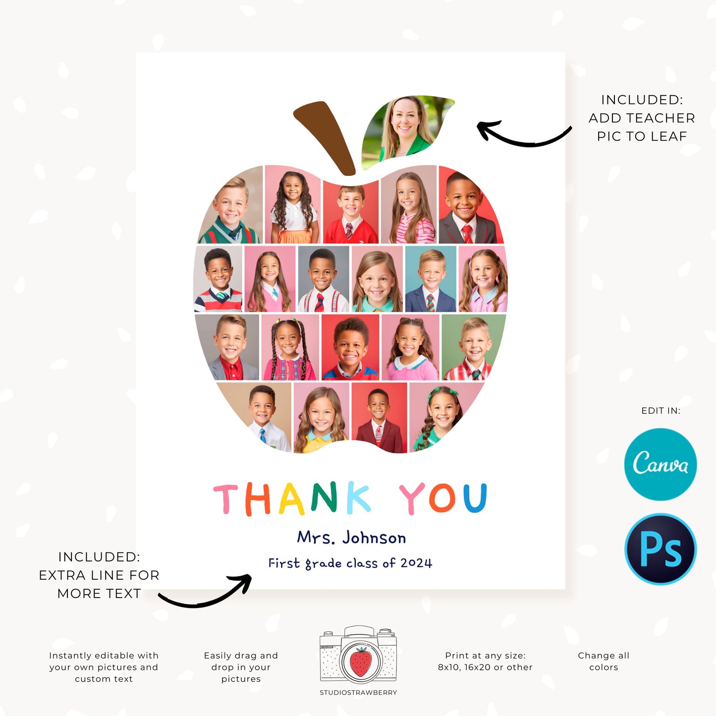 Personalized teacher appreciation photo collage with editable Canva and Photoshop templates