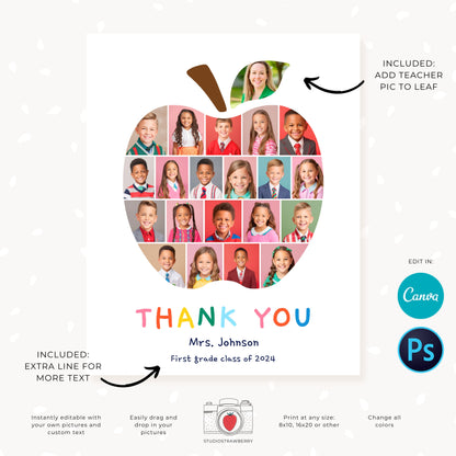 Personalized teacher appreciation photo collage with editable Canva and Photoshop templates