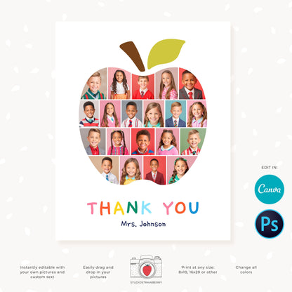 Editable apple-shaped teacher appreciation photo collage for custom thank you gifts from students