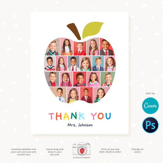 Editable apple-shaped teacher appreciation photo collage for custom thank you gifts from students