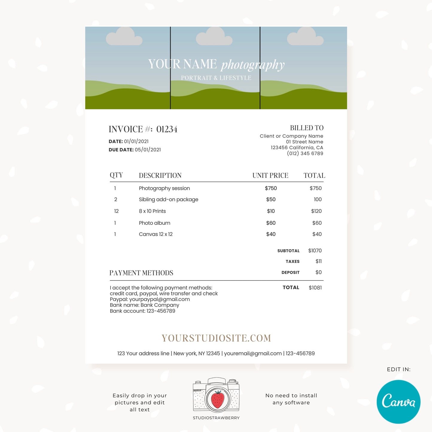 Editable Photography Invoice Template with Photo | Professional Canva Billing Design for Photographers | Customizable & Printable, C12