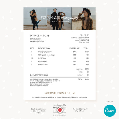 Editable Photography Invoice Template with Photo | Professional Canva Billing Design for Photographers | Customizable & Printable, C12