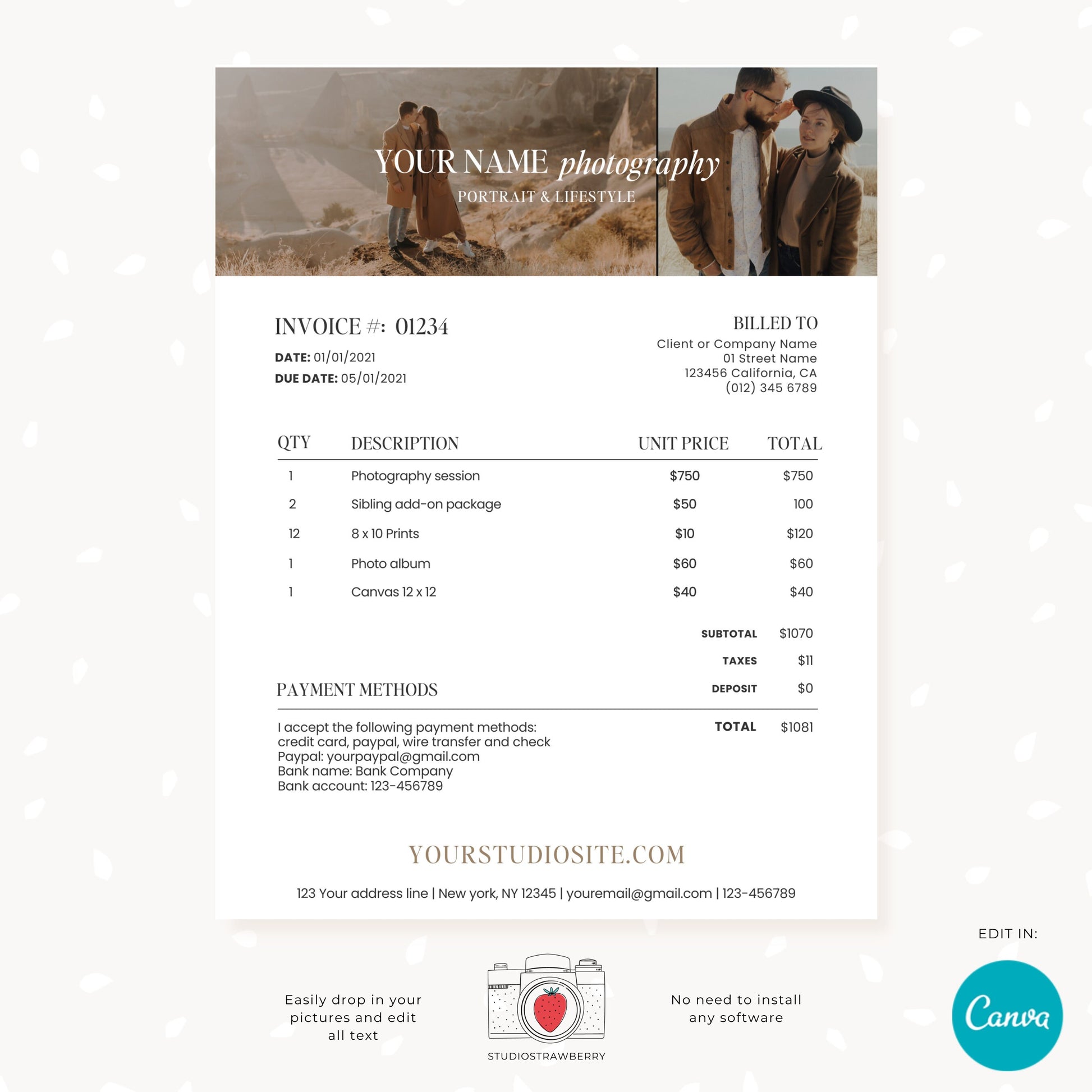 Editable Photography Invoice Template with Photo | Professional Canva Billing Design for Photographers | Customizable & Printable, C12