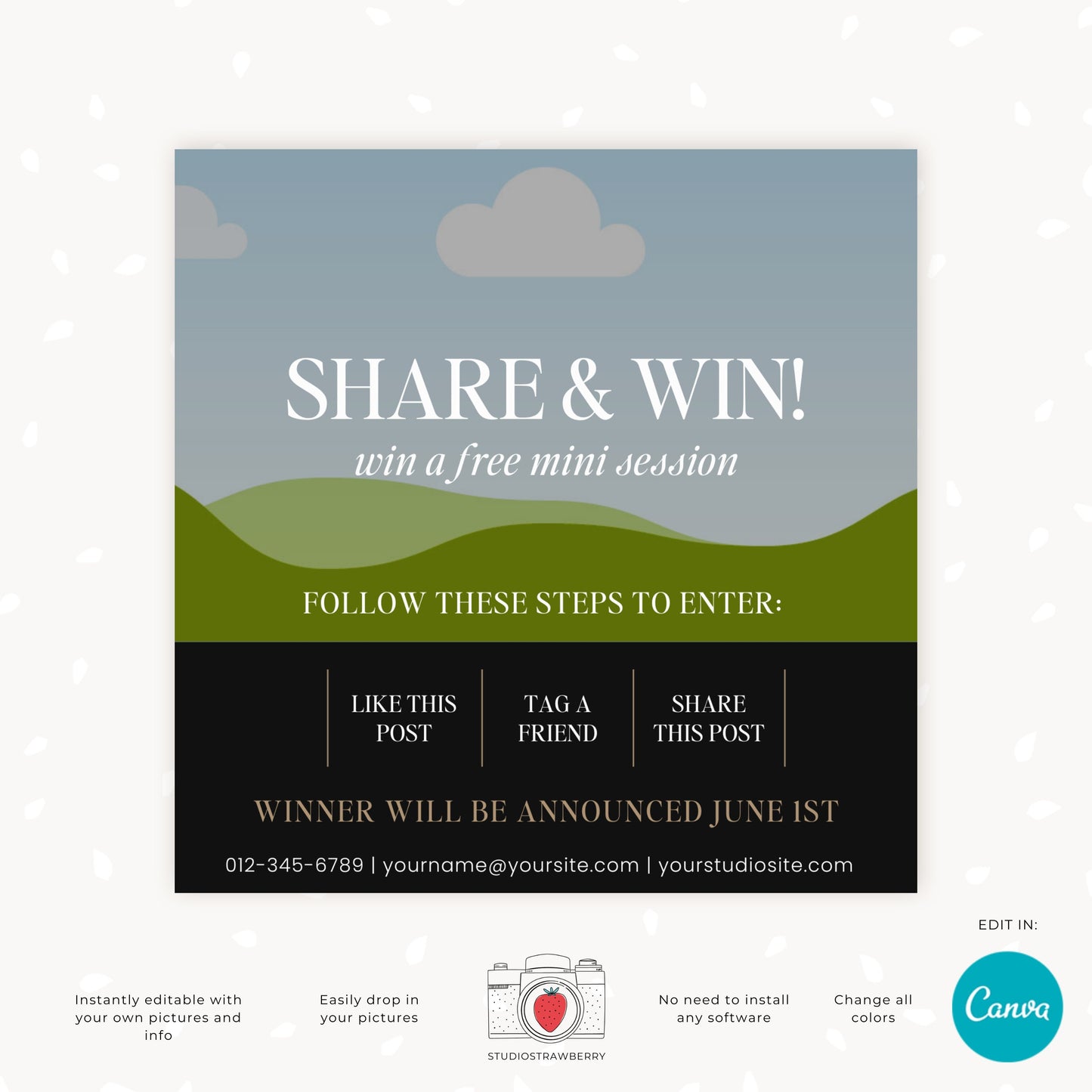 Customizable Canva Template for Instagram Contest - Share & Win Photography Giveaway - Editable Prize Promotion Template, C12