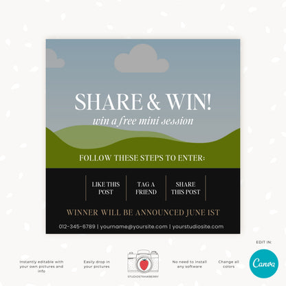Customizable Canva Template for Instagram Contest - Share & Win Photography Giveaway - Editable Prize Promotion Template, C12