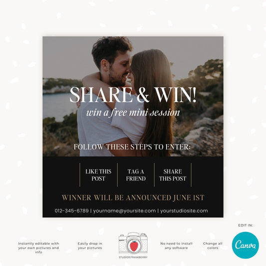 Customizable Canva Template for Instagram Contest - Share & Win Photography Giveaway - Editable Prize Promotion Template, C12